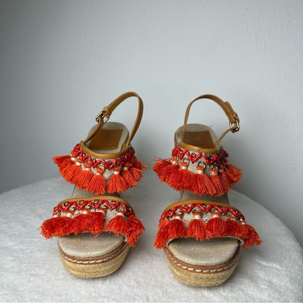 Tory Burch Women's 7M Vibrant Orange and Tan Espadrille Wedges Sandals Boho - Picture 5 of 15